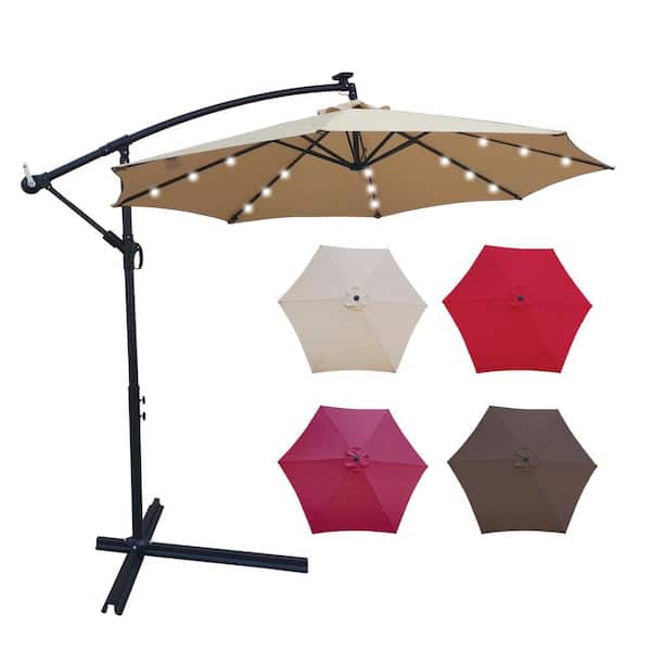 Zeus & Ruta 10 ft. Outdoor Powered LED Lighted Sun Shade Market Solar Waterproof 8 Ribs Umbrella in Brown