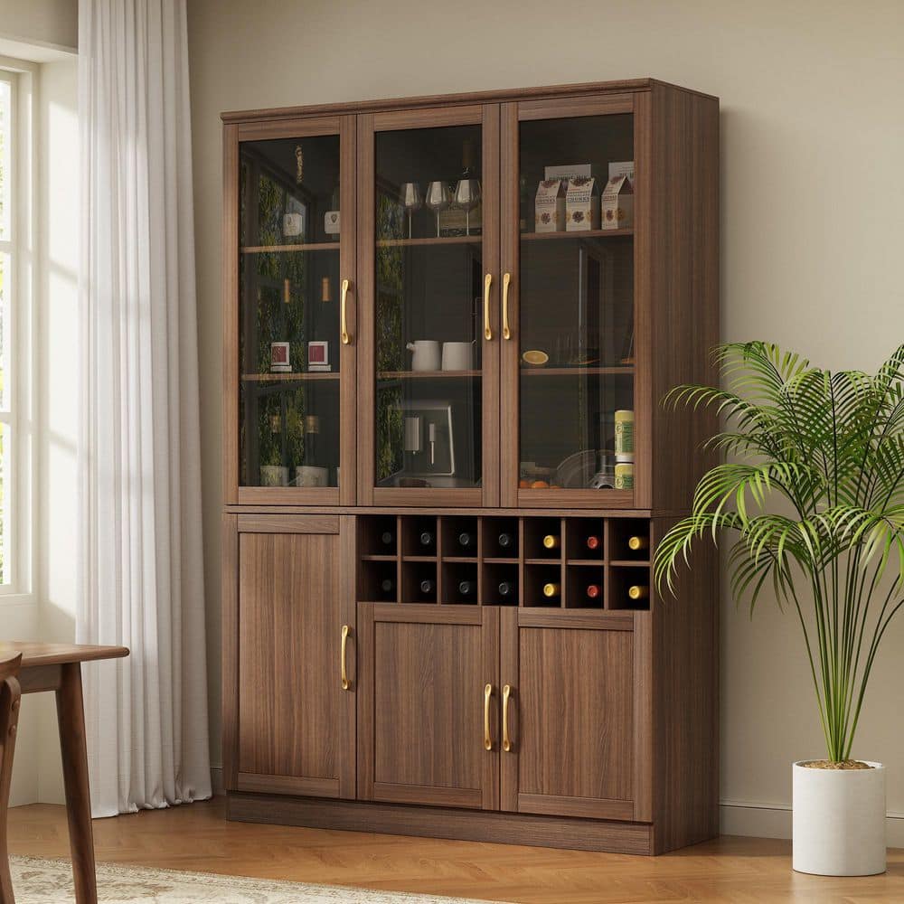 Walnut 47.24 in. W Wine Bar Cabinet with Glass Doors, Removable 14-Bottle Wine Rack and Built-in Door Shelves