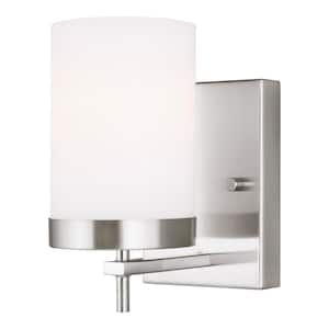 Zire 4.375 in. W 1-Light Brushed Nickel Vanity Light with Etched White Glass Shade with LED Bulb