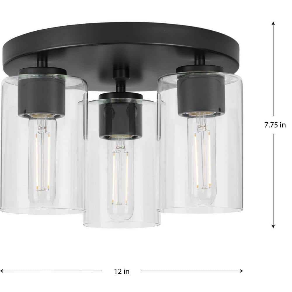 Matte Black 3-Light Flush Mount with Clear Glass Shades