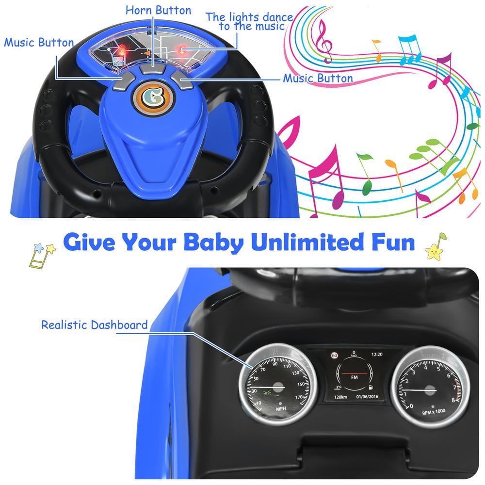 Blue 3-in-1 Ride-On Push Car Stroller with Music