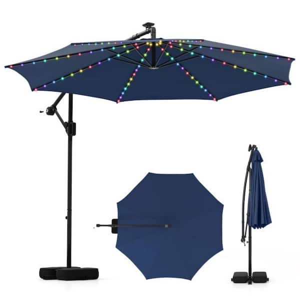 10 ft. Solar LED Cantilever Patio Umbrella in Navy with 96 Lights and Base