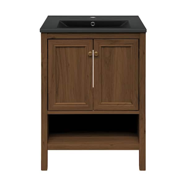 Swiss Madison Chateau 24 in. Freestanding Bathroom Vanity in Brown Oak with Black Ceramic Sink Top