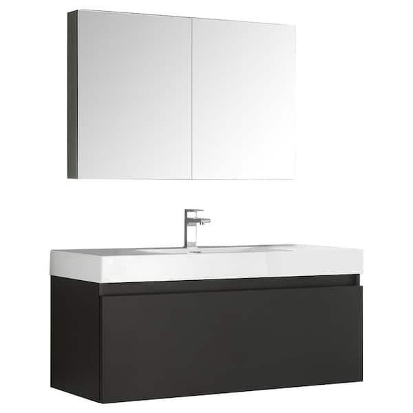 Fresca Mezzo 48 in. Vanity in Black with Acrylic Vanity Top in White with White Basin and Mirrored Medicine Cabinet
