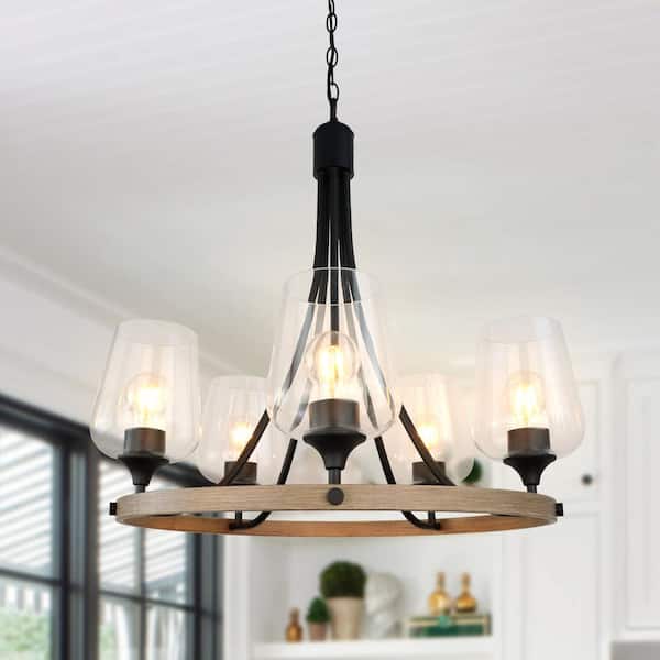 22 in. W 5-Light Hanging Ceiling Light Black Chandelier Kitchen Island for Dining Room, E26, No Bulbs Included