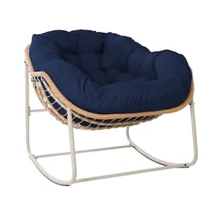 Patio Oversized Beige Wicker Egg Outdoor Rocking Chair with Navy Blue Cushion
