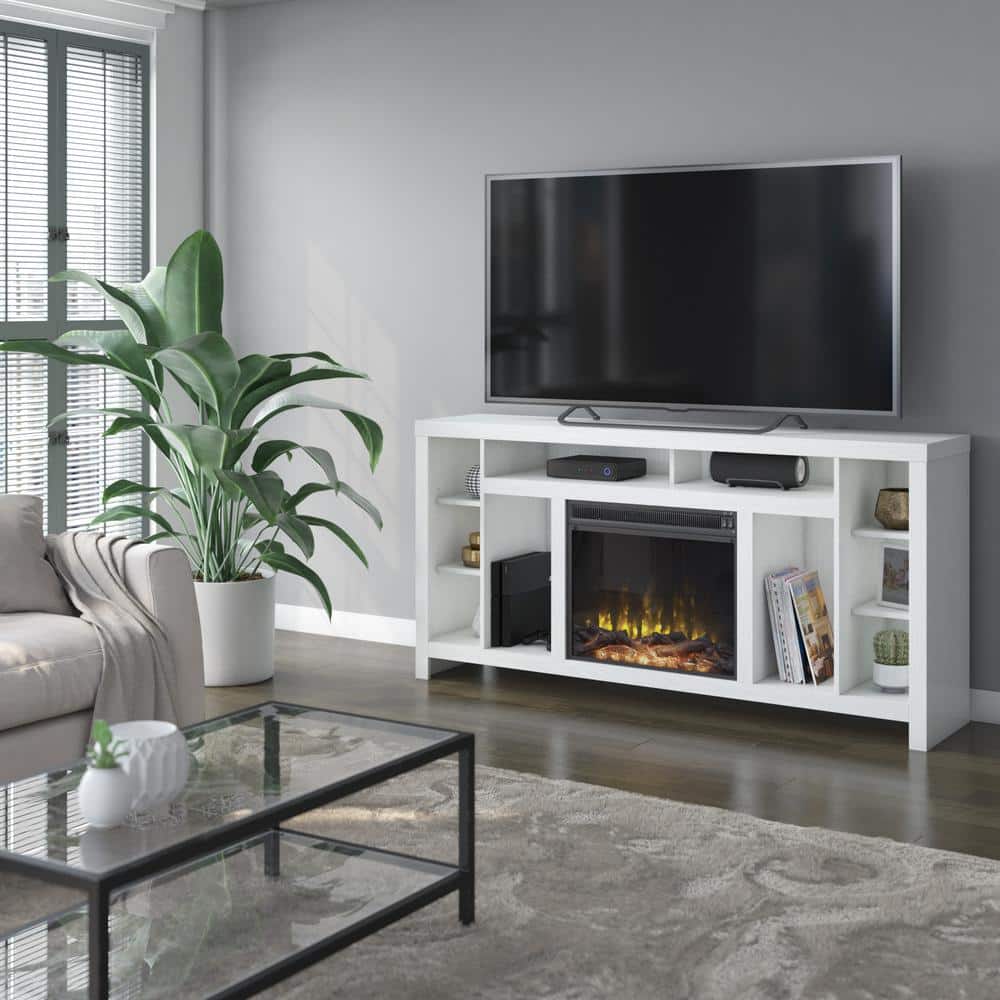 White Wood 68" TV Stand with Electric Fireplace