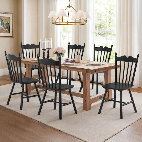 17 in Black Classic Windsor Dining Chair Farmhouse Solid Wood Armless Kitchen Chairs with Wave Spindle Back Set of 6