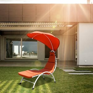 Metal Outdoor Canopy Chaise Lounge Chair with Orange Canopy, Cushion