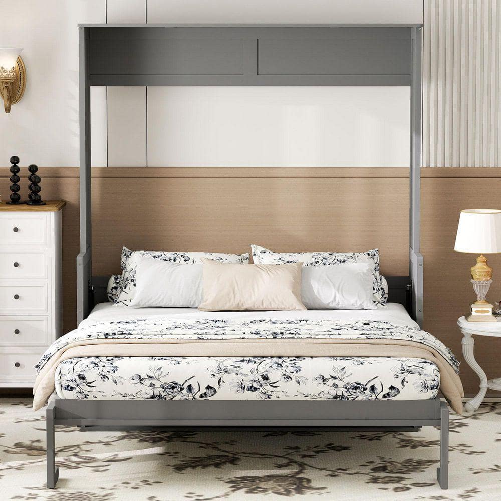 Qualler Gray Wood Frame Queen Murphy Bed with Desk, LED Lights and USB ...