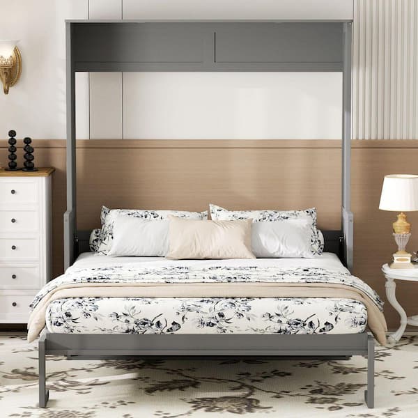 Qualler Gray Wood Frame Queen Murphy Bed with Desk, LED Lights and USB ...