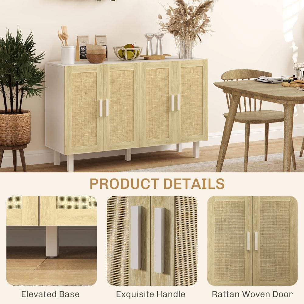 White and Natural Rattan 134 cm Sideboard Buffet Cabinet