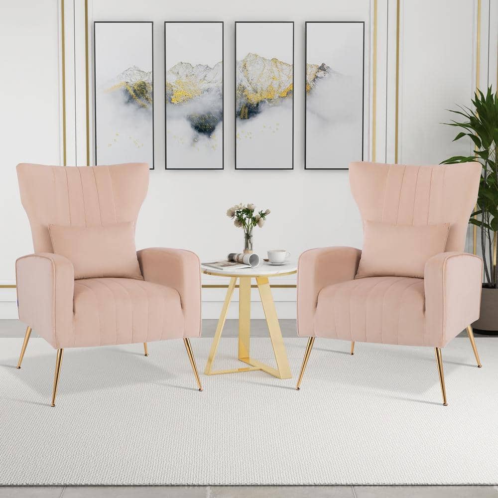 Pink Velvet Wingback Accent Chair with Gold Metal Legs