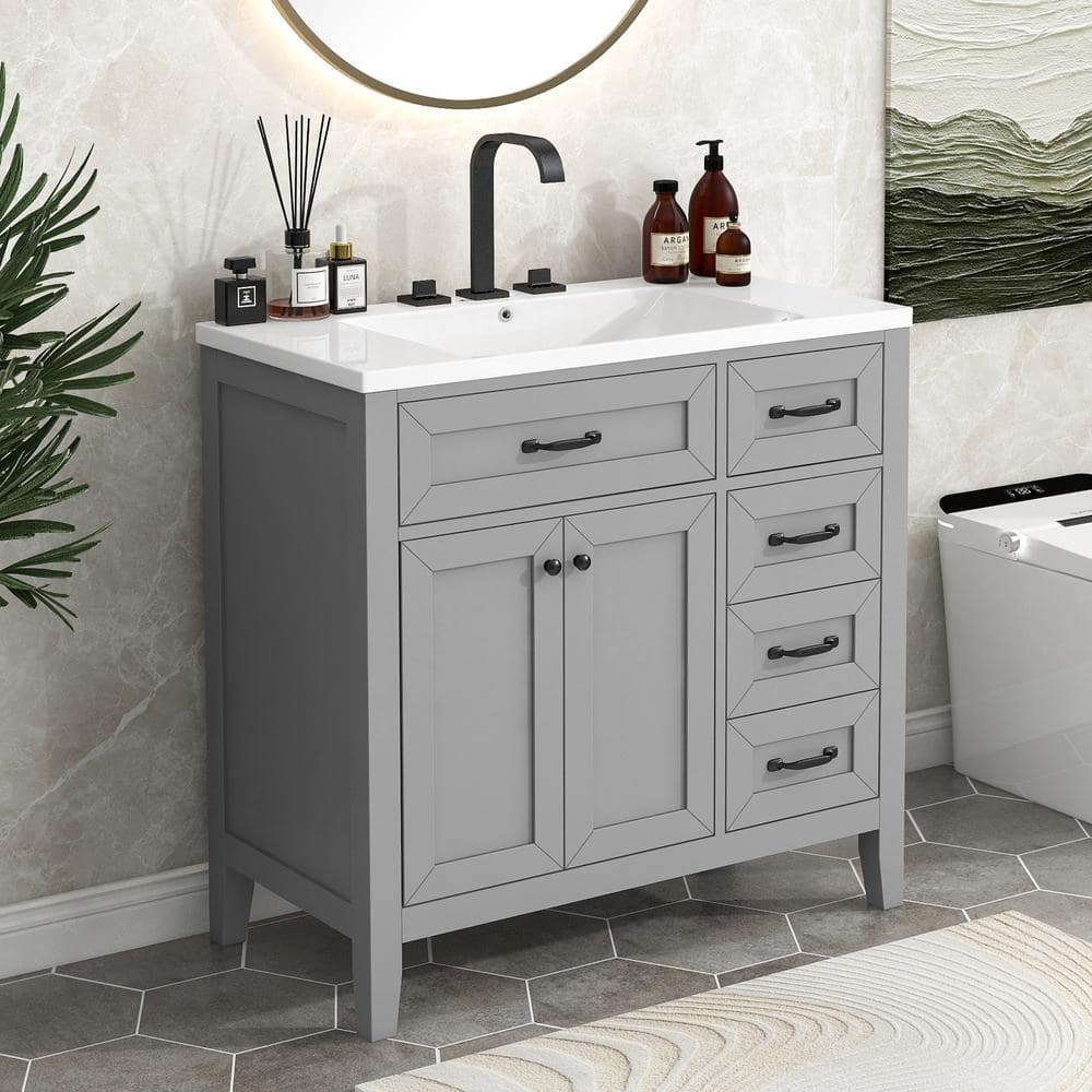 36 in. W x 18 in. D x 36 in. H Single Sinks Bath Vanity in Gray with White Ceramic Top and 3 Drawers price history on PriceWatchPro