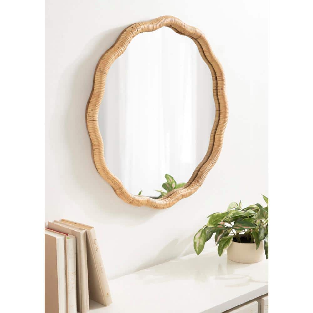 Natural Wood 26" Round Scalloped Rattan Mirror