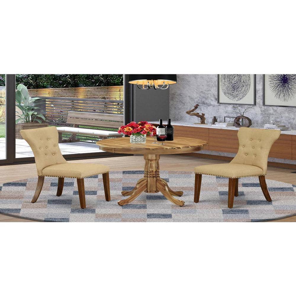 Natural Rubber Wood Round Dining Table Set with Beige Linen Chairs
