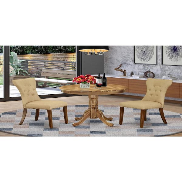 East West Furniture 3-Piece Natural Oil Finish Solid Wood Top - Round Dining Room Set - Seats 4
