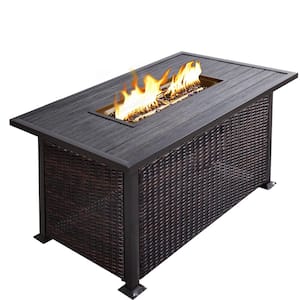48 in. Outdoor Fire Pit Table, 50000 BTU Rattan Rectangle Fire Pit Table with Lid, Dust Cover Brown