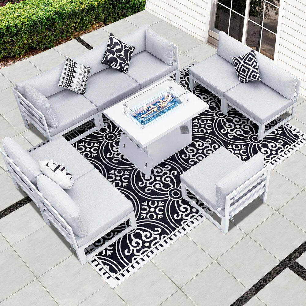 Extra Large White 9-Piece Aluminum Patio Fire Pit Conversation Set Deep Sea