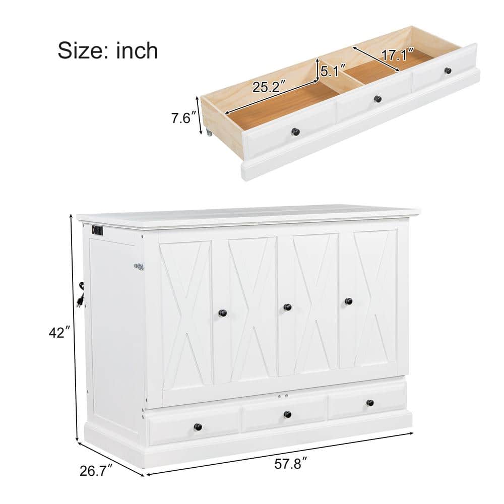 White Wood Frame Queen Size Murphy Bed, Chest Cube Cabinet Bed with Charging Station and Large Storage Drawer - thumbnail 8