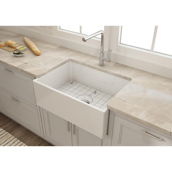 27 in. Farmhouse/Apron-Front Single Bowl White Fireclay Kitchen Sink with Bottom Grid