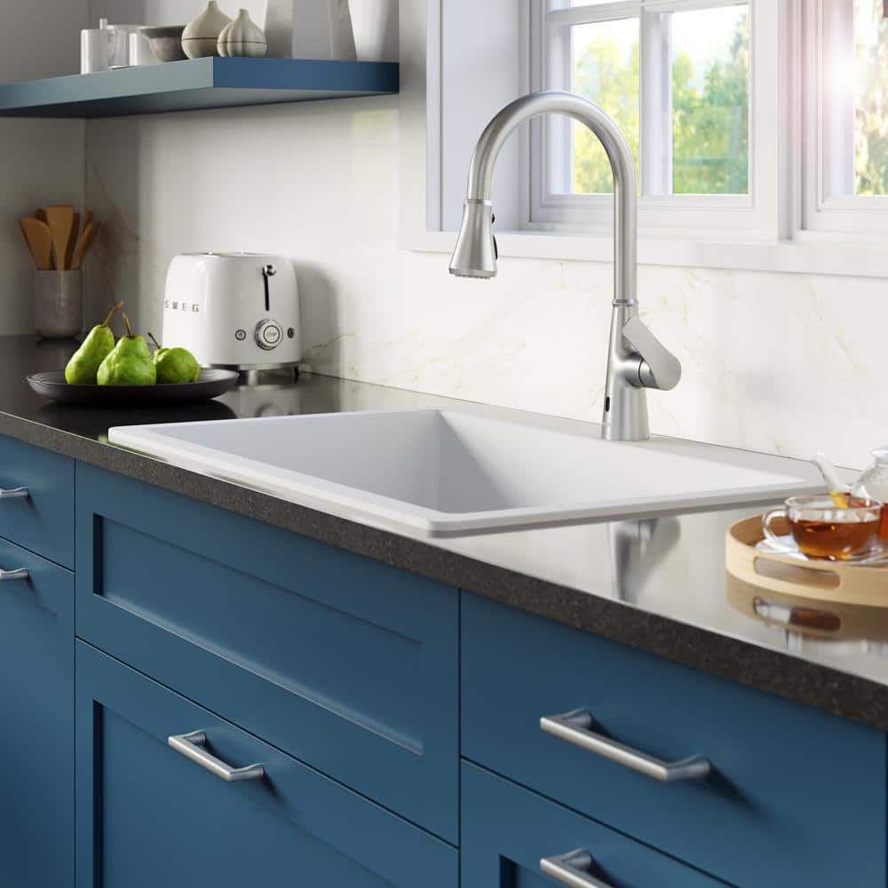 White Quartz 33'' Double Bowl Drop-In Kitchen Sink