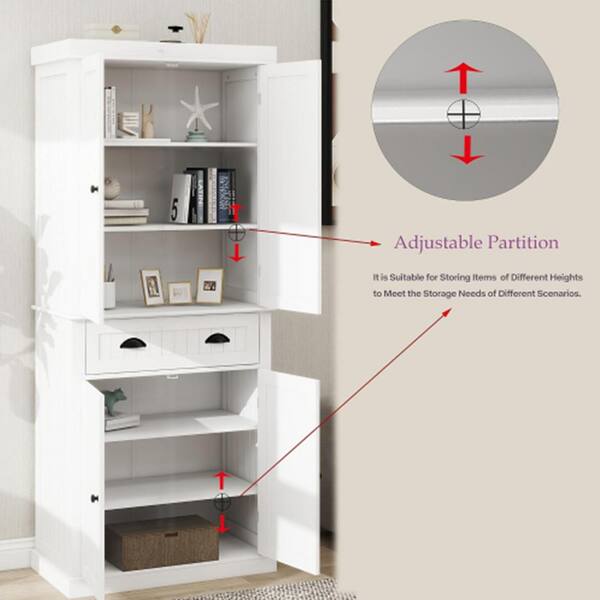 FUNKOL 29.92inx15.75nx71.65in White Field-Character MDF Kitchen Cabinet with 4 Doors, 1 Drawer and 2 Adjustable Shelves