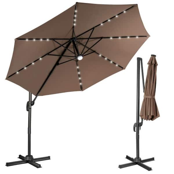 Clihome 10 ft. 28LED Lighted Cantilever Solar Patio Umbrella in Brown with Crossed Base