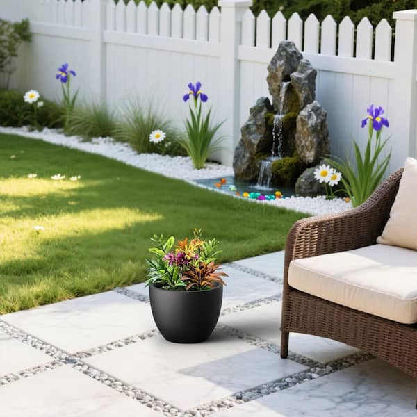 14 in. Medium Matte Black Concrete Round Planter/ Pot (Upgraded Interior) with Drainage Holes