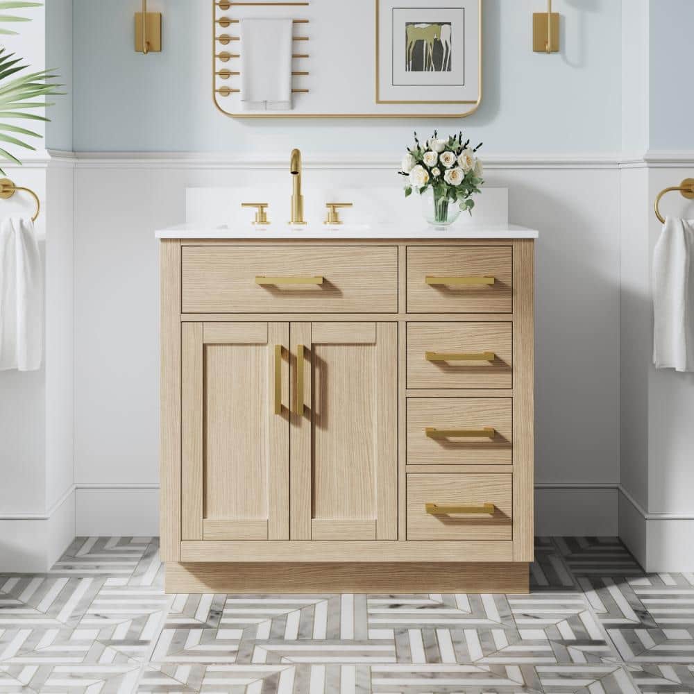 36 in. OAK Solid Wood Freestanding Bath Vanity with White Cultured Marble Top, Brushed Gold Pulls, Assembled price history on PriceWatchPro