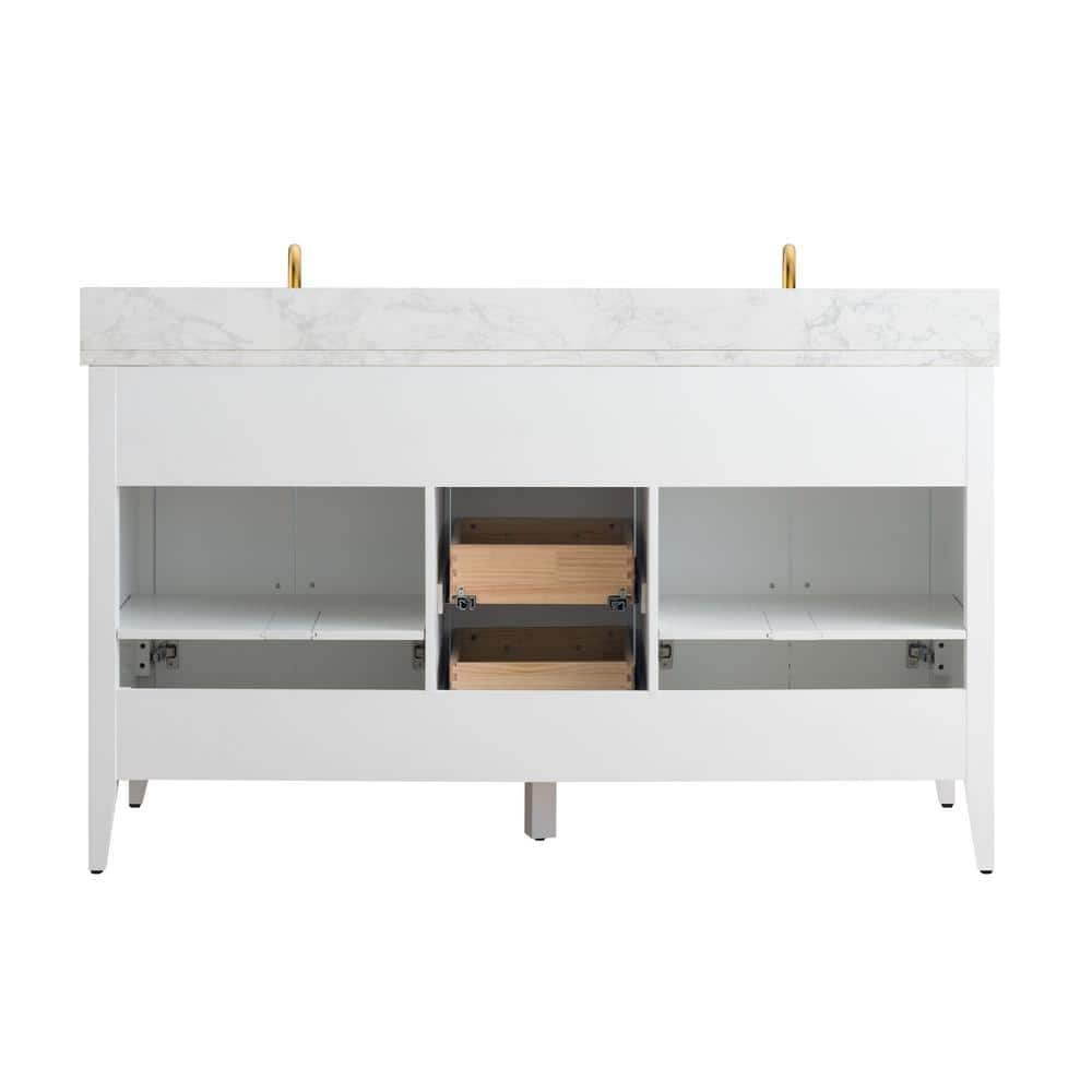 60" White Double Sink Bathroom Vanity with Gold Hardware