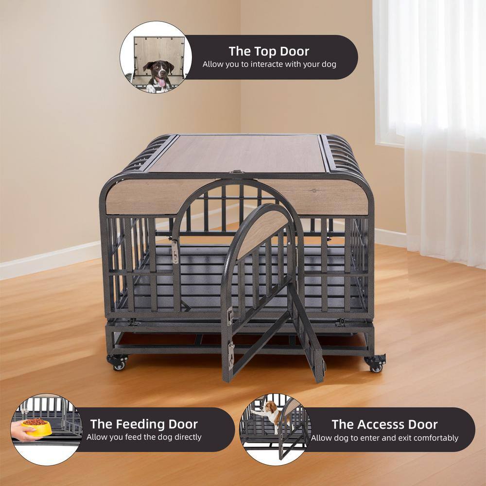 37-Inch Gray Rolling Heavy-Duty Dog Crate with Removable Trays