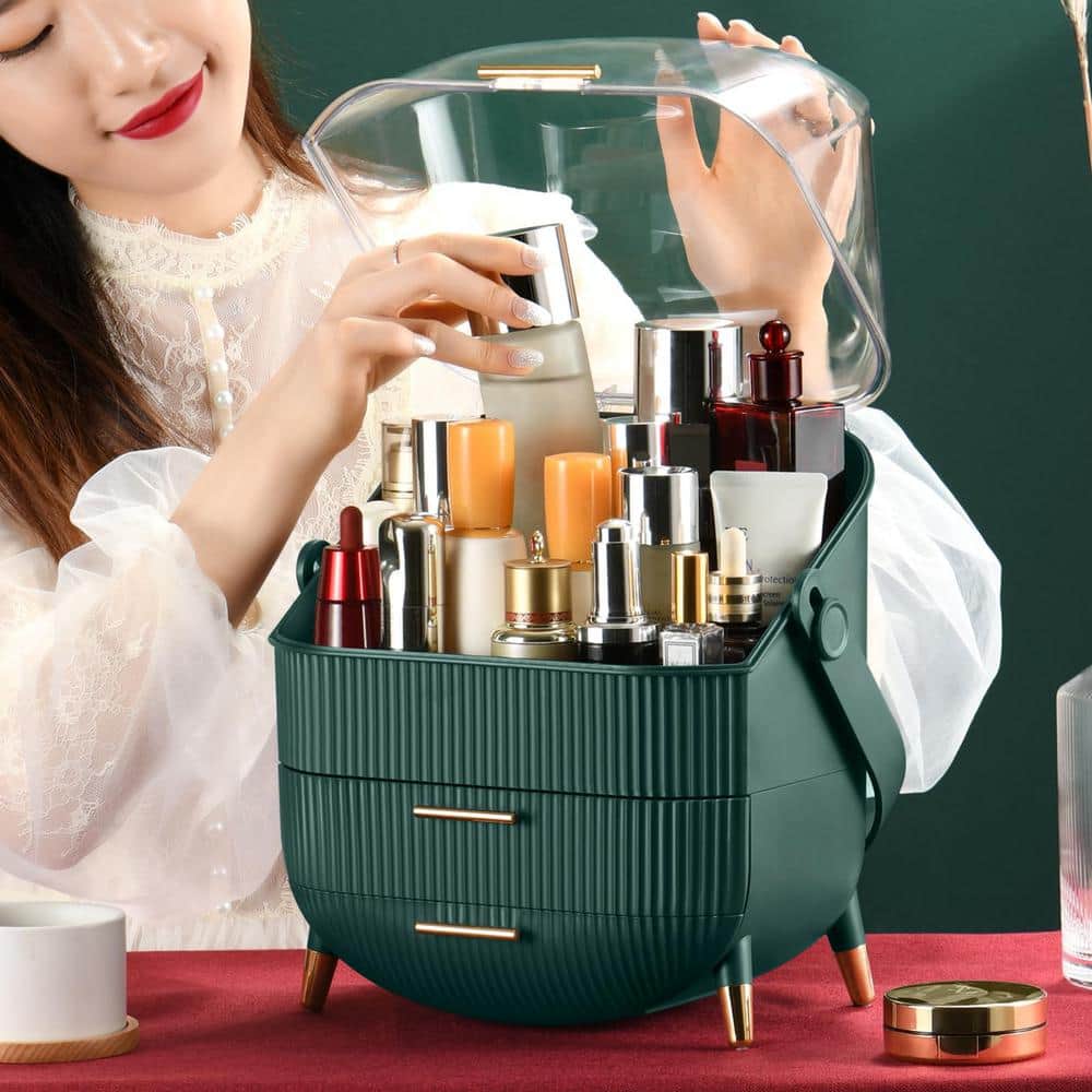 Light Green Makeup Organizer with Lid and Drawers