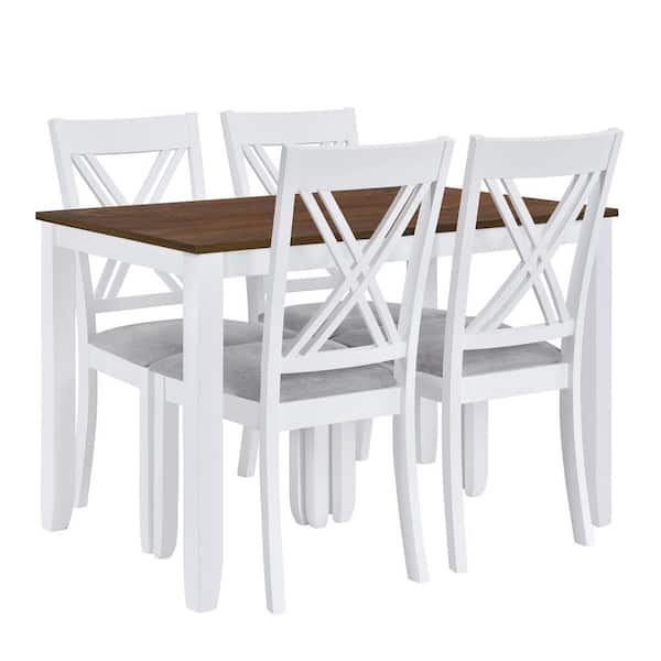 Harper & Bright Designs 5-Piece White Wood Top Dining Table Set with 4 X-Back Gray Linen Upholstered Chairs DT191AAK