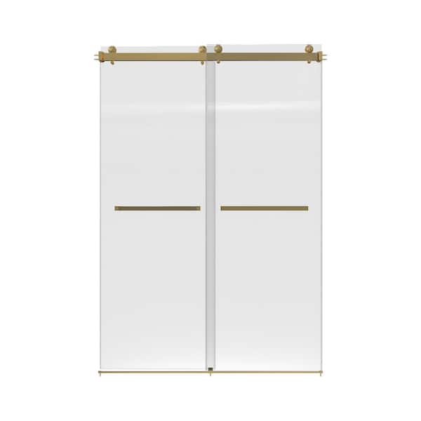 60 in. W x 75 in. H Sliding Frameless Shower Door in Brushed Gold with Clear Glass