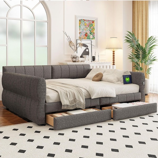 Gray Queen Size Daybed with USB and 2-Drawers