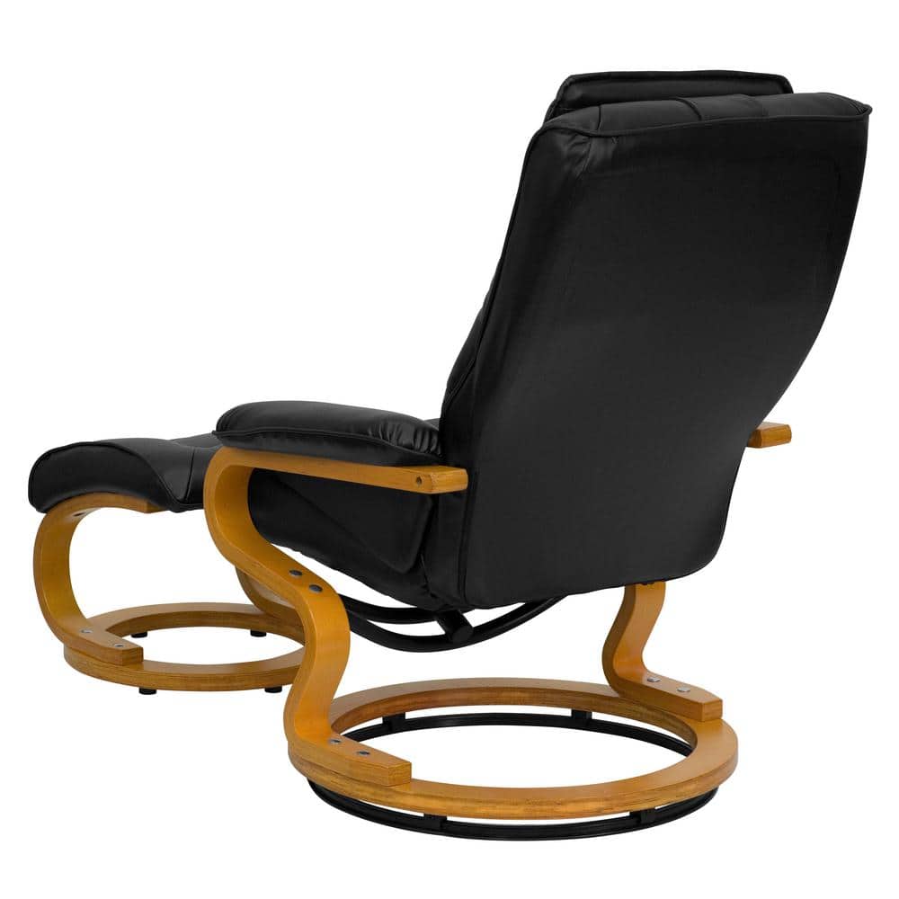 Swivel Black Leather Recliner with Ottoman and Maple Wood Base