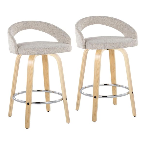 Grotto 25.25 in. Oat Noise Fabric, Natural Wood, and Chrome Metal Fixed-Height Counter Stool (Set of 2)