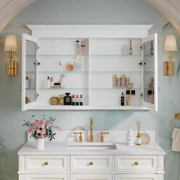 FORCLOVER 48 in. W x 32 in. H Rectangular Recessed Solid Wood Medicine Cabinet with Mirror