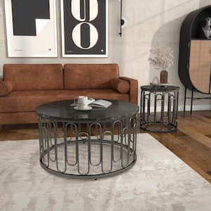 Farley 36 in. Black Round Stone Coffee Table Set With 2 End Tables