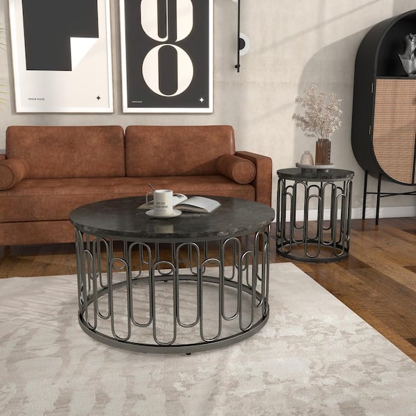 Farley 36 in. Black Round Stone Coffee Table Set With 2 End Tables
