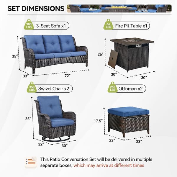 Arcline 6-Piece Brown Wicker Fire Pit Conversation Set with Olefin Blue Cushions and Swivel Glider Chairs