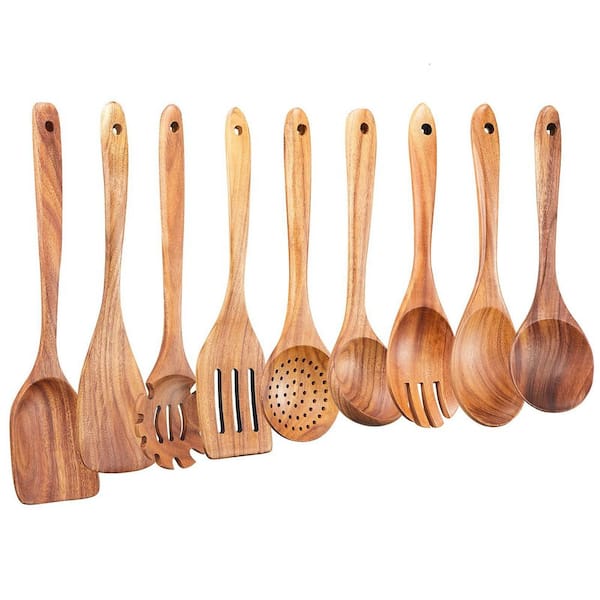 9-Piece Wood Kitchen Utensils Set, Natural Teak Wooden Spoons for Non-stick Pan for Cooking