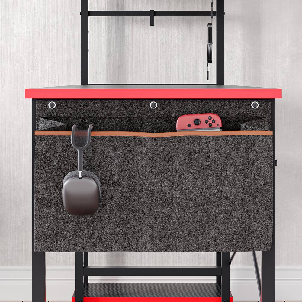 Black Carbon Fiber Gaming Desk with LED Lights and Shelves