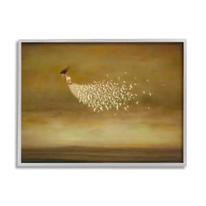 Elegant Woman Flying Doves Birds Dress Ochre Sky by Duy Huynh Framed People Art Print 14 in. x 11 in.