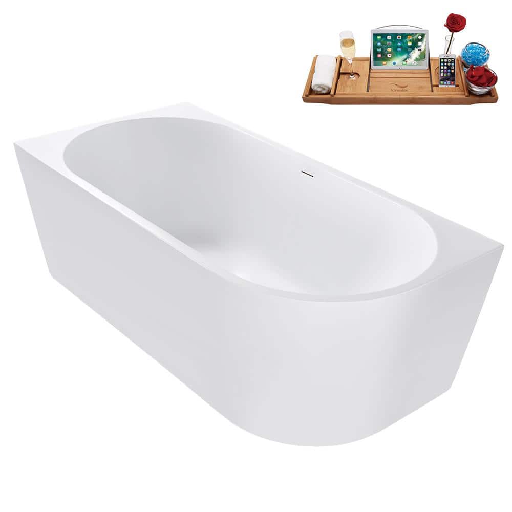 63" Glossy White Acrylic Freestanding Soaking Tub with Tray