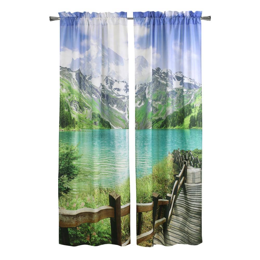 Mountain Lake Scene Light Filtering Polyester Curtain Panels
