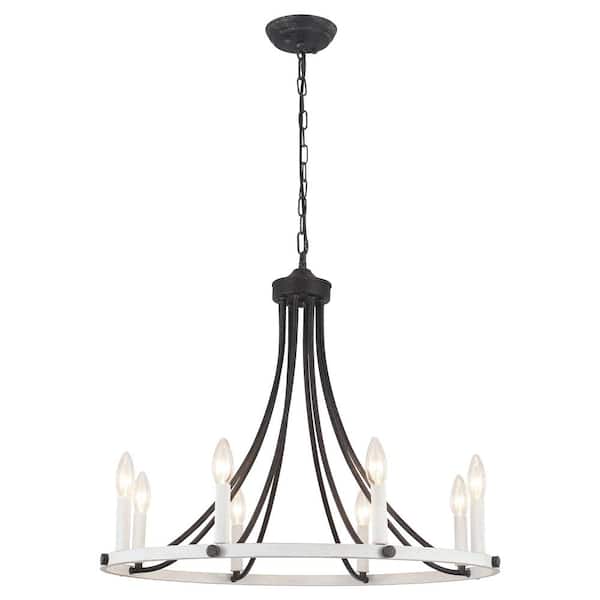 Yenier 8-Light Distressed Brown/White Rustic Farmhouse Dimmable Kitchen Island Wagon Wheel Chandelier Candle Style