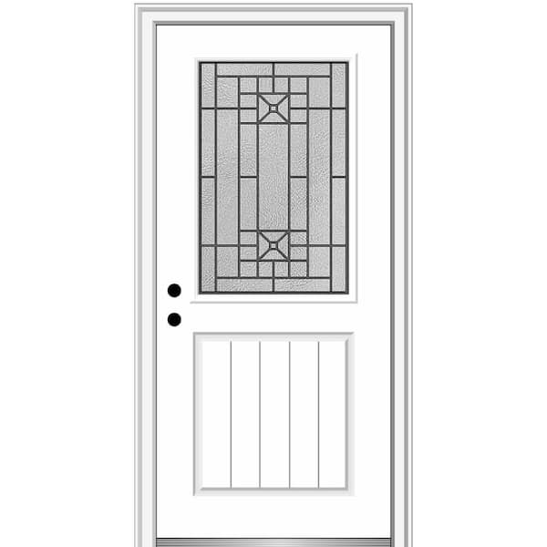 MMI Door 32 in. x 80 in. Courtyard Right-Hand 1/2 Lite Decorative Painted Fiberglass Smooth Prehung Front Door, 4-9/16 in. Frame