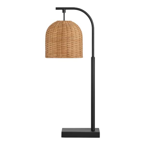 Hampton Bay Piping 24 in. Matte Black Table Lamp with Rattan Shade